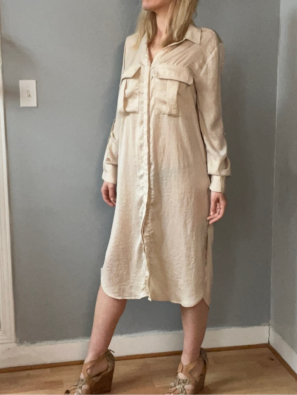 H&M Light Cream Long-Sleeve Button Shirt Dress